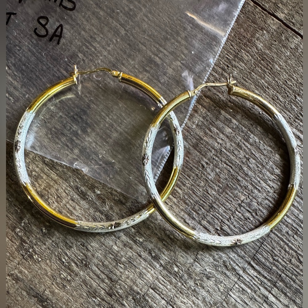 Large 925 Silver Vermeil Hoop Earrings With Etched Detailing